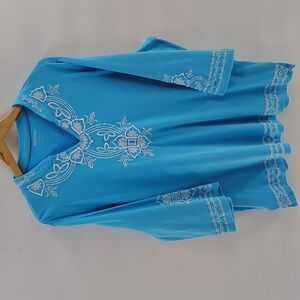North Style Cotton Tunic Top size 1X white Embroidered Stitching V Neckline